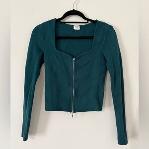Abercrombie & Fitch Cropped Zip Front Long Sleeve Knit Sweater Jade Green-size S